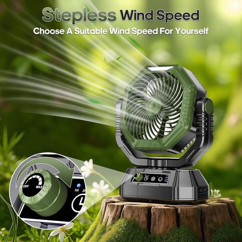 AJVV Camping Fan Rechargeable, Battery Powered Fan With Remote Controller, LED Light, Dual Motors, Stepless Speed, 90°/270° Swing,Timer, Portable fan For Travel Tent Bedroom Beach Fishing, Green - Image 4